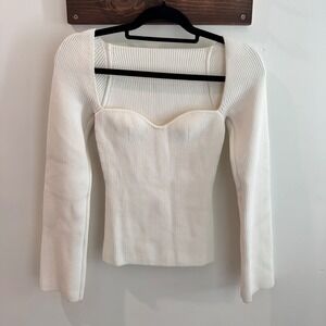 Pixie Market White Ribbed Sweetheart Neck Long Sleeve Knit Top Small